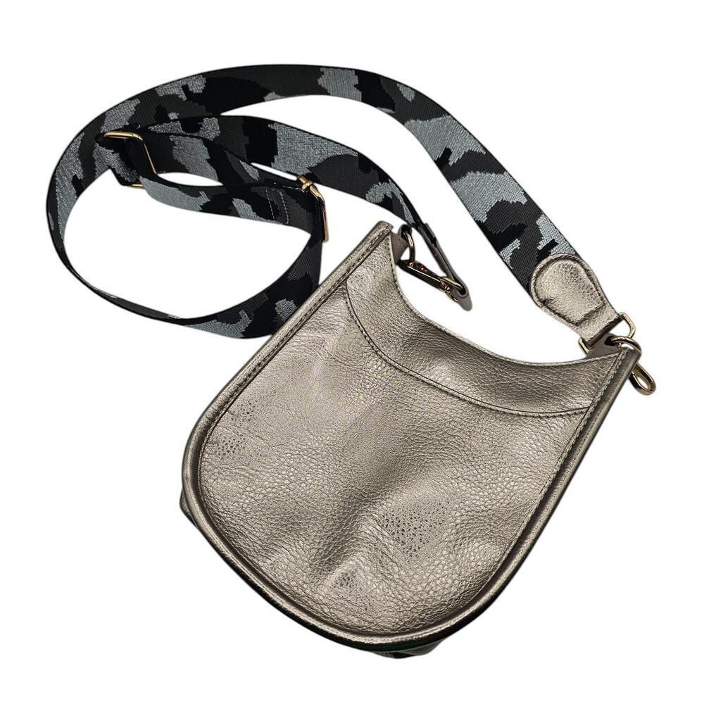 Lemonbella Womens Crossbody Bag Silver Pebbled w/ Camo Print Strap